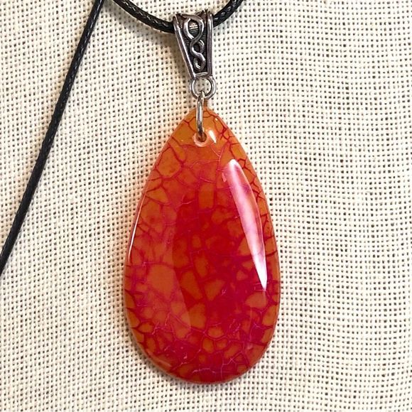 Gemstone & Fossil Pendant on Waxed Necklace w/Ornate Bail Lobster Claw Clasp - Picture 10 of 16